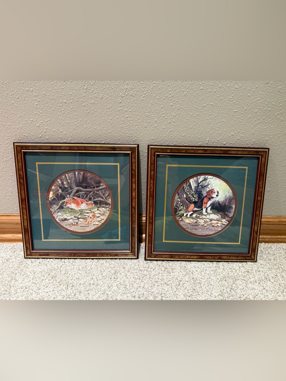 Set of 2 Vintage Framed Wildlife Prints Red Fox & Beagle Dog Forest Scene